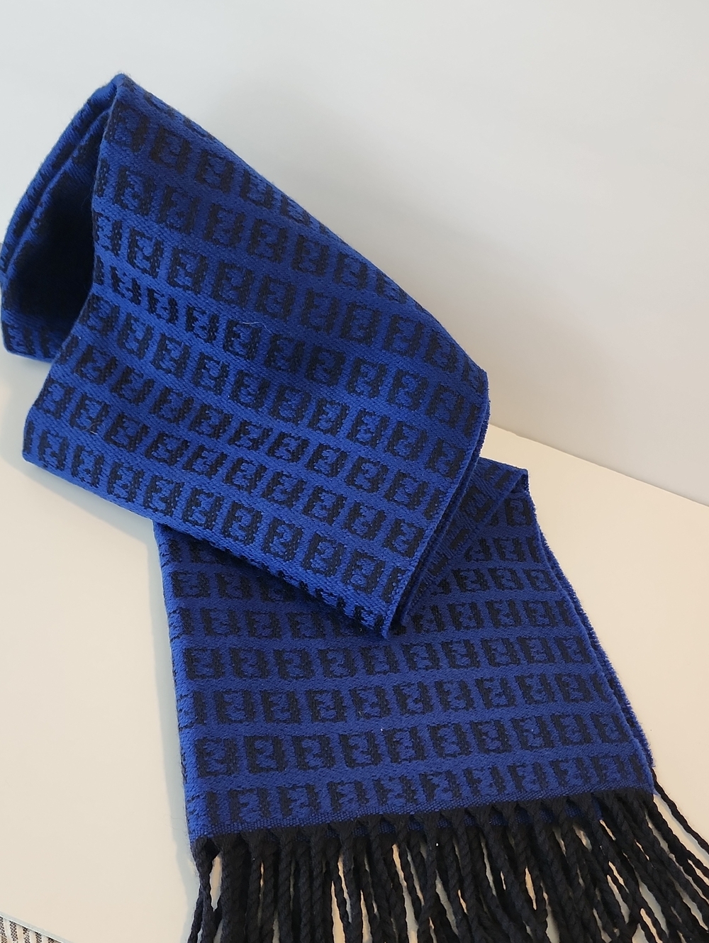 Fendi Royal Blue & Black Monogram Knit Scarf with Fringe
